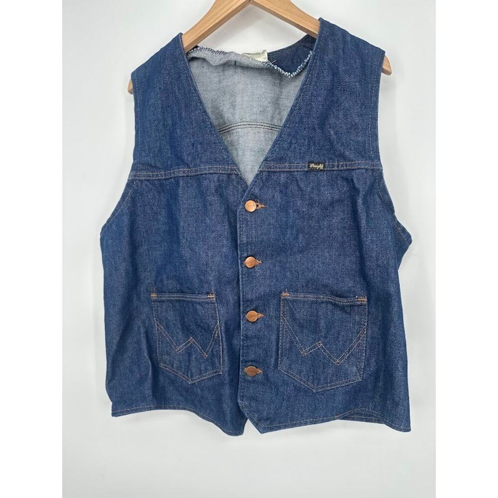 Vintage Wrangler Denim Vest Mens L Western Cowboy W Stitch Ranch Made USA Rodeo